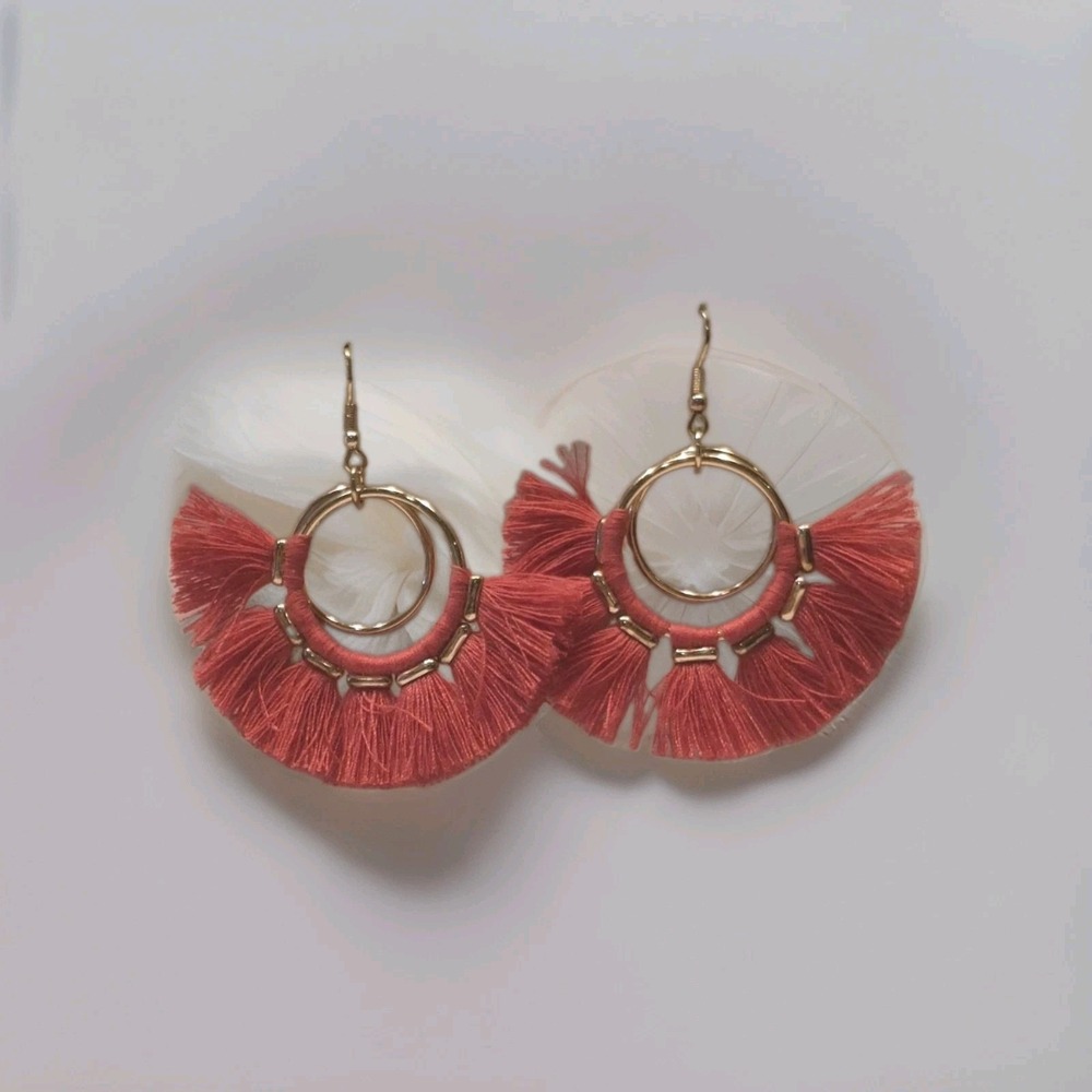 Hoop Fan Tassel Earring Fringe Circle Round Drop Straw Boho Earrings